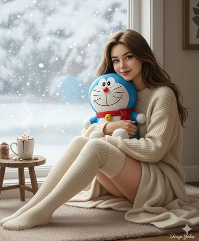 Cozy Moments: Winter's Embrace with a Plush Companion