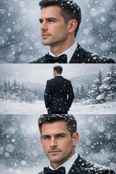 Winter Elegance: A Tuxedoed Tale in Three Frames