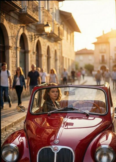 Cruising Through Time: A Vintage Dream on Cobblestone Streets