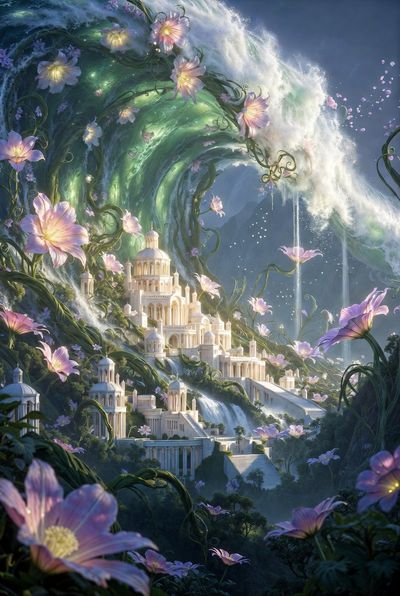 Enchanted Elegance: A Floral Wave Over an Elven City
