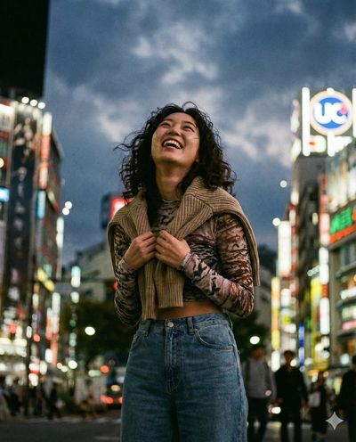 Joyful Laughter Under Neon Lights