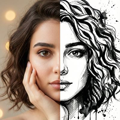 A Portrait of Contrasts: Realism Meets Ink Art