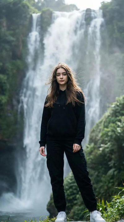 Nature's Power: A Bold Portrait by the Waterfall