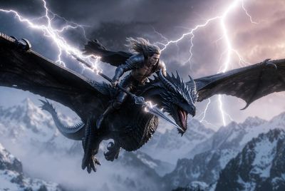 Epic Clash: Knight and Dragon Conquer the Stormy Skies