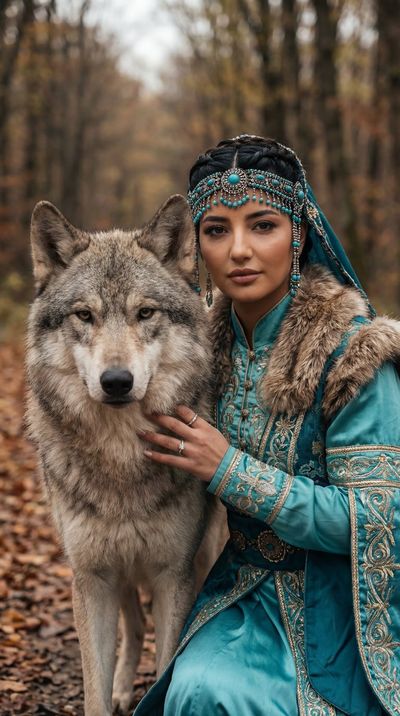 Noble Bonds: Turkic Woman & Wolf in Autumn Splendor