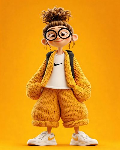 Vibrant 3D Joy: A Playful Cartoon Girl in Yellow