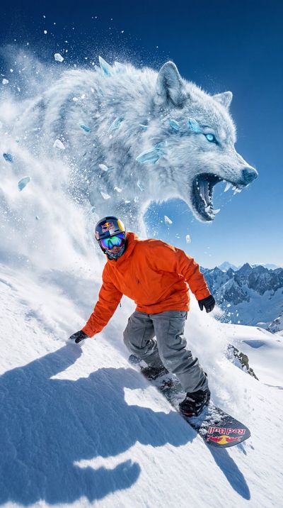 Epic Showdown: Snowboarder vs. Powder Wolf