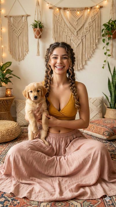 Sunlit Joy: A Boho Moment with My Golden Pup