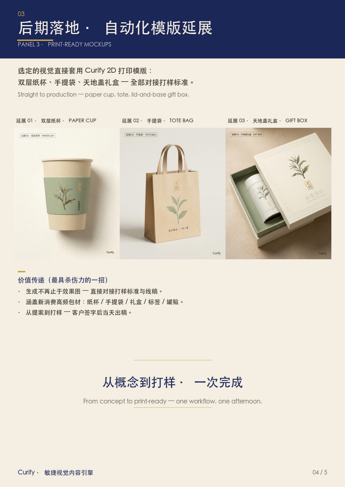 Der gewählte Kräutertee-Look, übertragen auf druckfertige Mockups — doppelwandiger Papierbecher, Tragetasche und Geschenkbox mit Deckel und Boden in einem abgestimmten Set