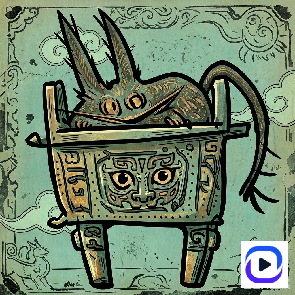Serienkonsistenz-Demo, Stück 1 von 2 — dasselbe Katzenmaskottchen, bronzenes Ding (鼎) Reliktkontext, zeitgemäße grün-bronze Palette