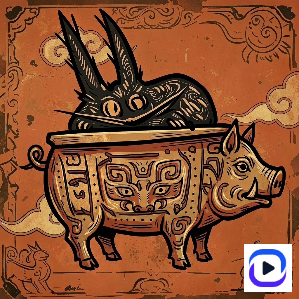 Serienkonsistenz-Demo, Stück 2 von 2 — dasselbe Katzenmaskottchen, bronzenes Schwein-Zun (猪尊) Reliktkontext, wärmeres zeitgemäßes Palette, Identität bewahrt