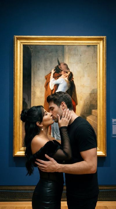 Romance in a Gallery: A Photorealistic Embrace
