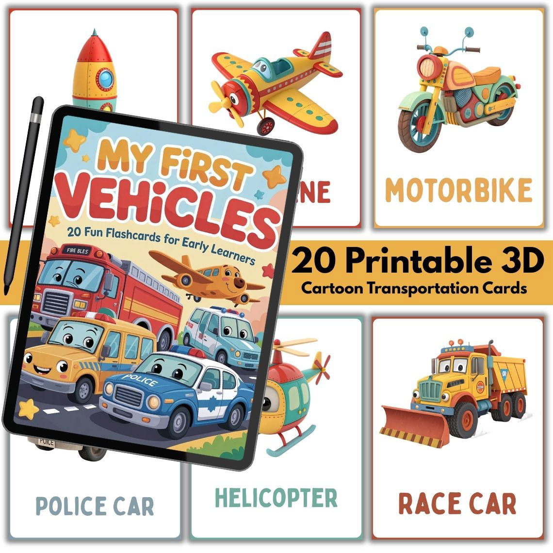 My First Vehicles Flashcards – 20 Printable 3D Cartoon