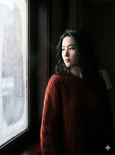 Whispers of Winter: A Portrait by the Frosted Window