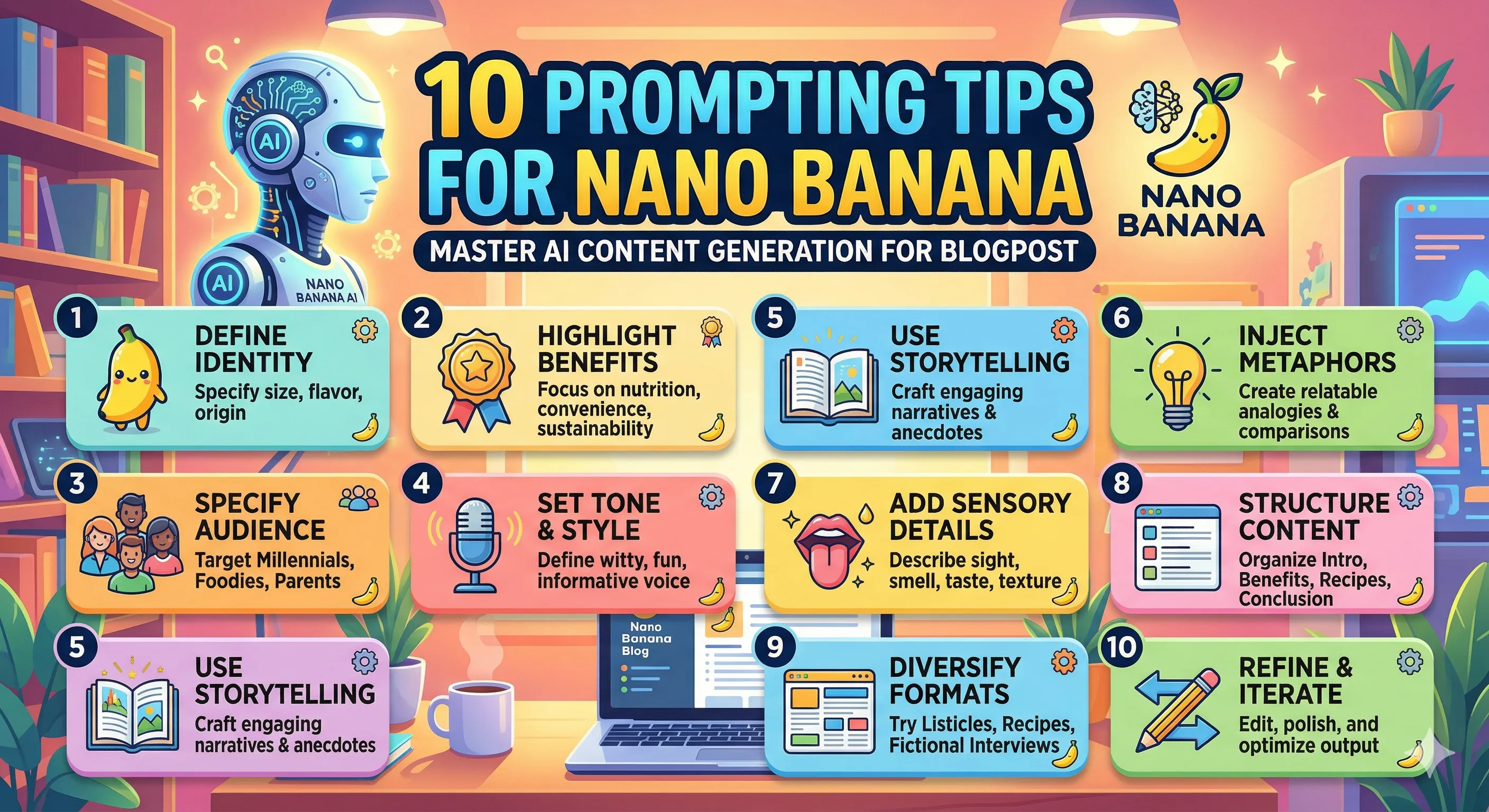 नैनो बनाना के लिए 10 प्रॉम्प्टिंग टिप्स: एआई सामग्री निर्माण में महारत हासिल करें