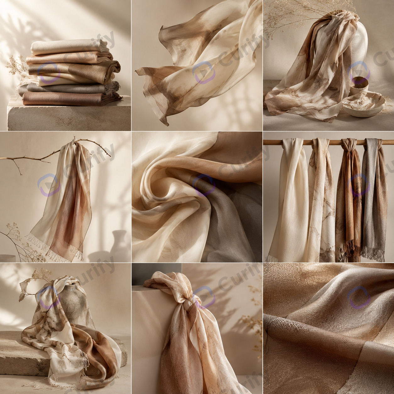 AI product photo generator: nine lifestyle scenes of a single silk scarf, generated from one template prompt
