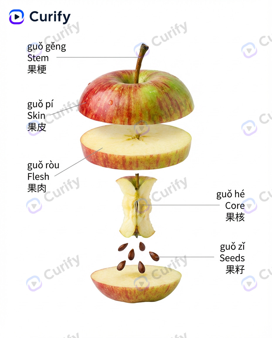 Bilingual labeling — Apple with English + L2 labels for stem, leaf, skin, flesh, seeds