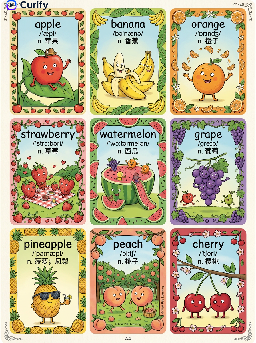 Cartoon vocabulary flashcards — fruits theme with 6 bold cartoon images and word labels