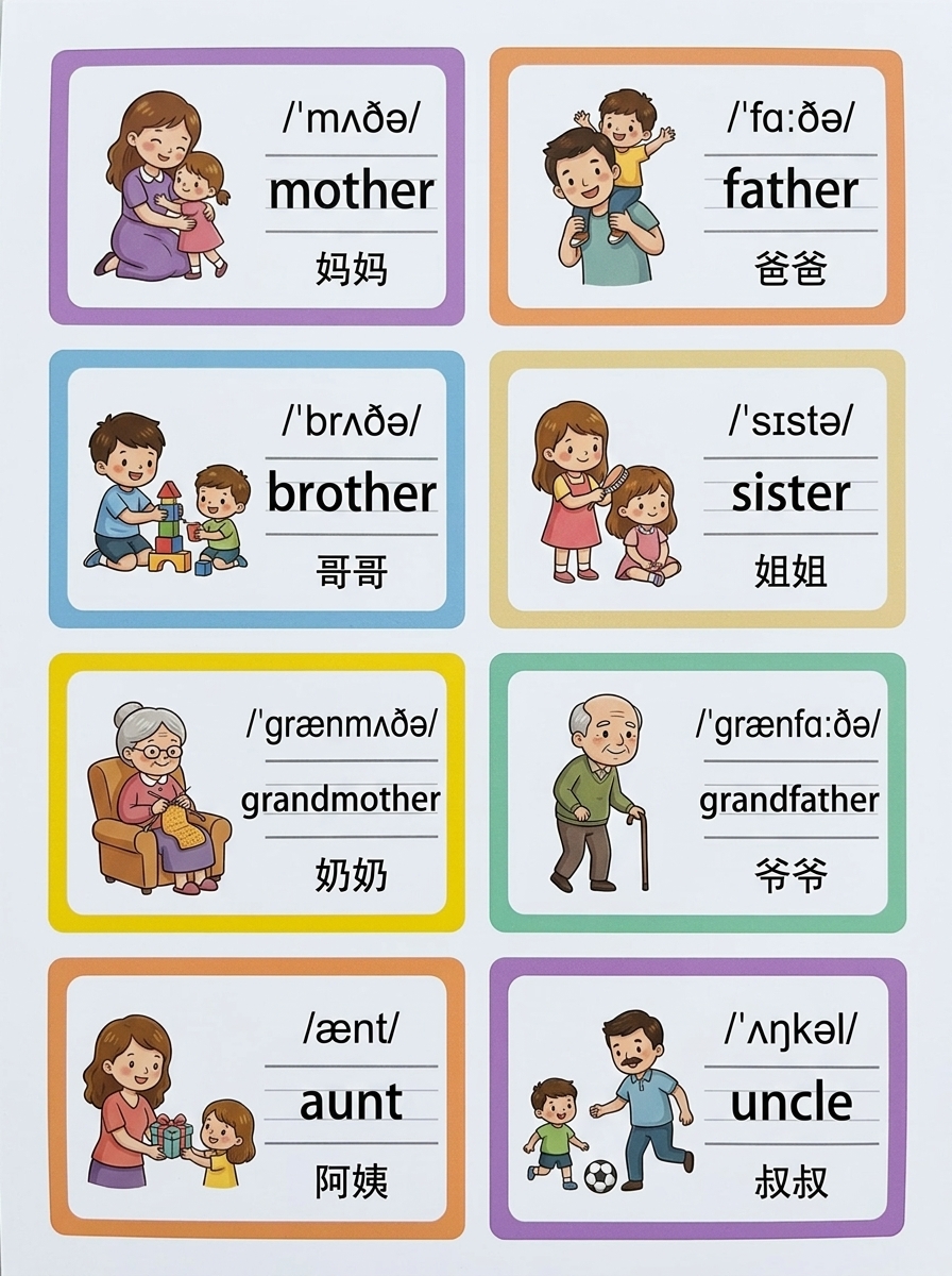 Children English vocab spelling — family members theme with picture + spelling blanks
