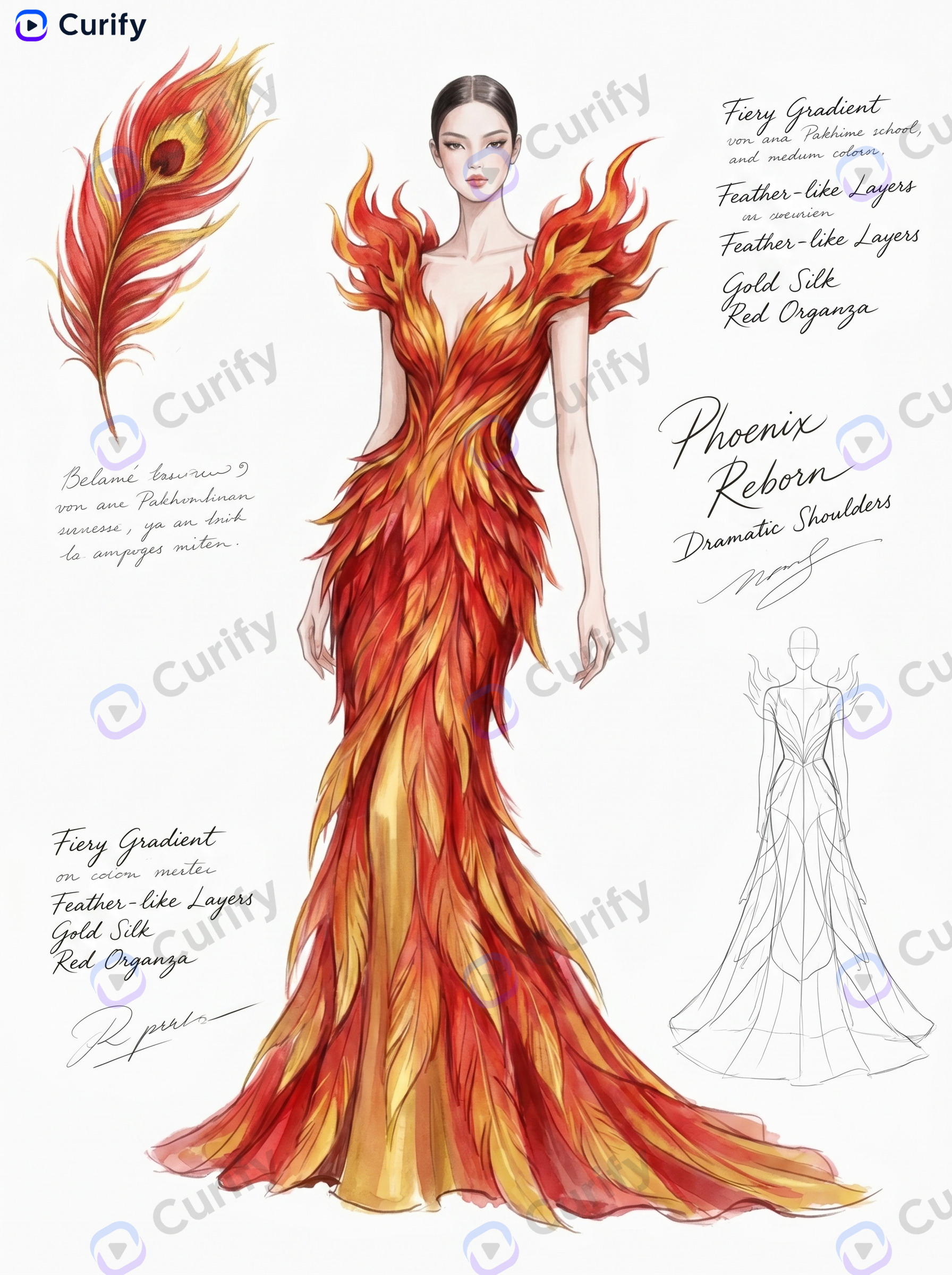 Phoenix-inspired couture gown design sheet