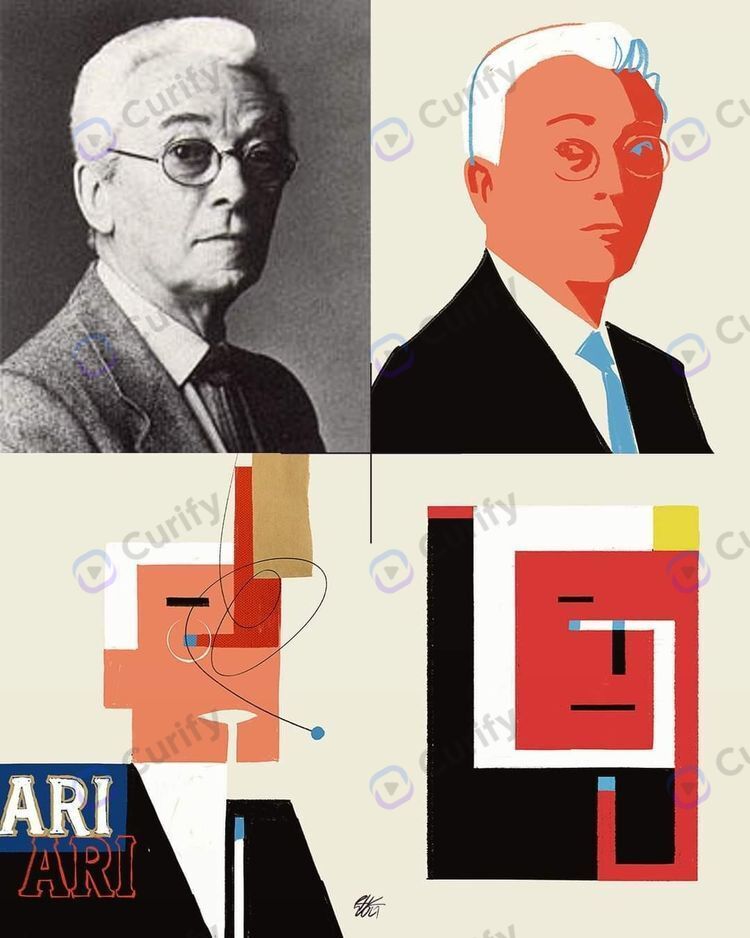 Bauhaus-style abstract portrait — figure reduced to geometric forms in primary colors with bold flat color blocking and Bauhaus design language