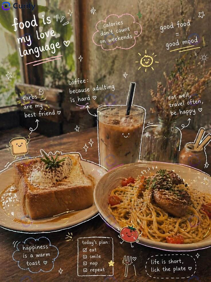 Coffee and pasta cafe scene with hand-drawn doodle stickers — fork, cup, swirls, croissant — layered over a real photographed scene