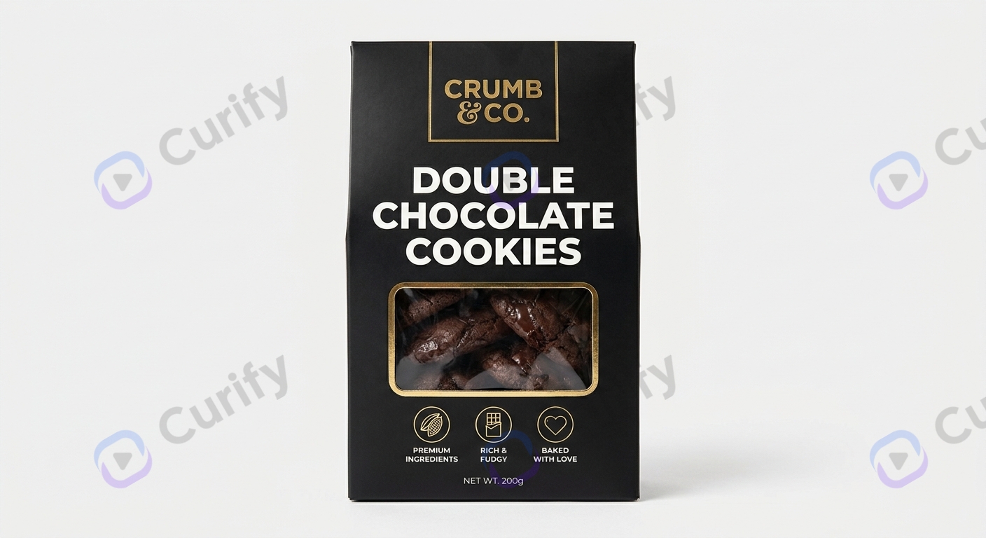 AI-rendered food packaging mockup — flat design rendered as a photorealistic retail-shelf-ready SKU