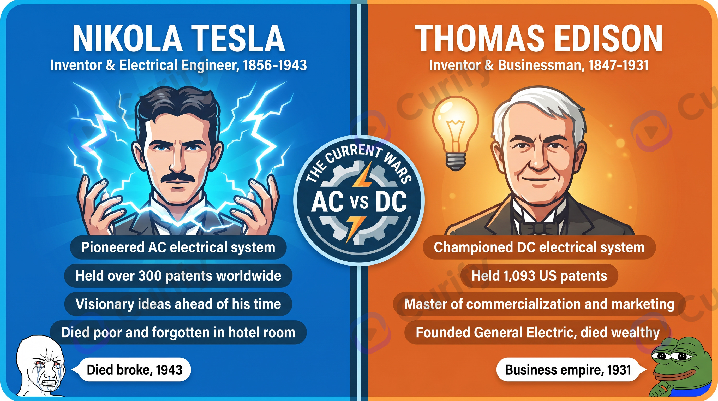 Historical Figure Vs Infographic — Nikola Tesla vs Thomas Edison; the same template renders Sam Altman vs Dario Amodei with parameter swaps