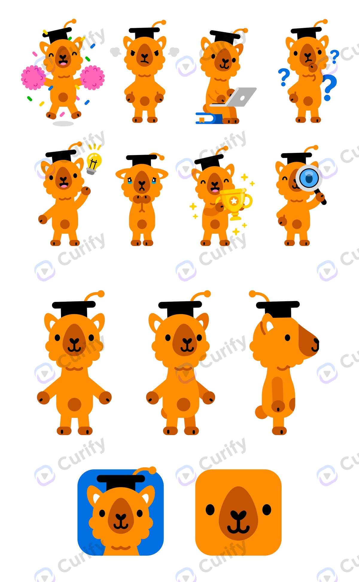 IP character sprite emoji sheet — sprite-grid layout for digital sticker and chat-pack licensees