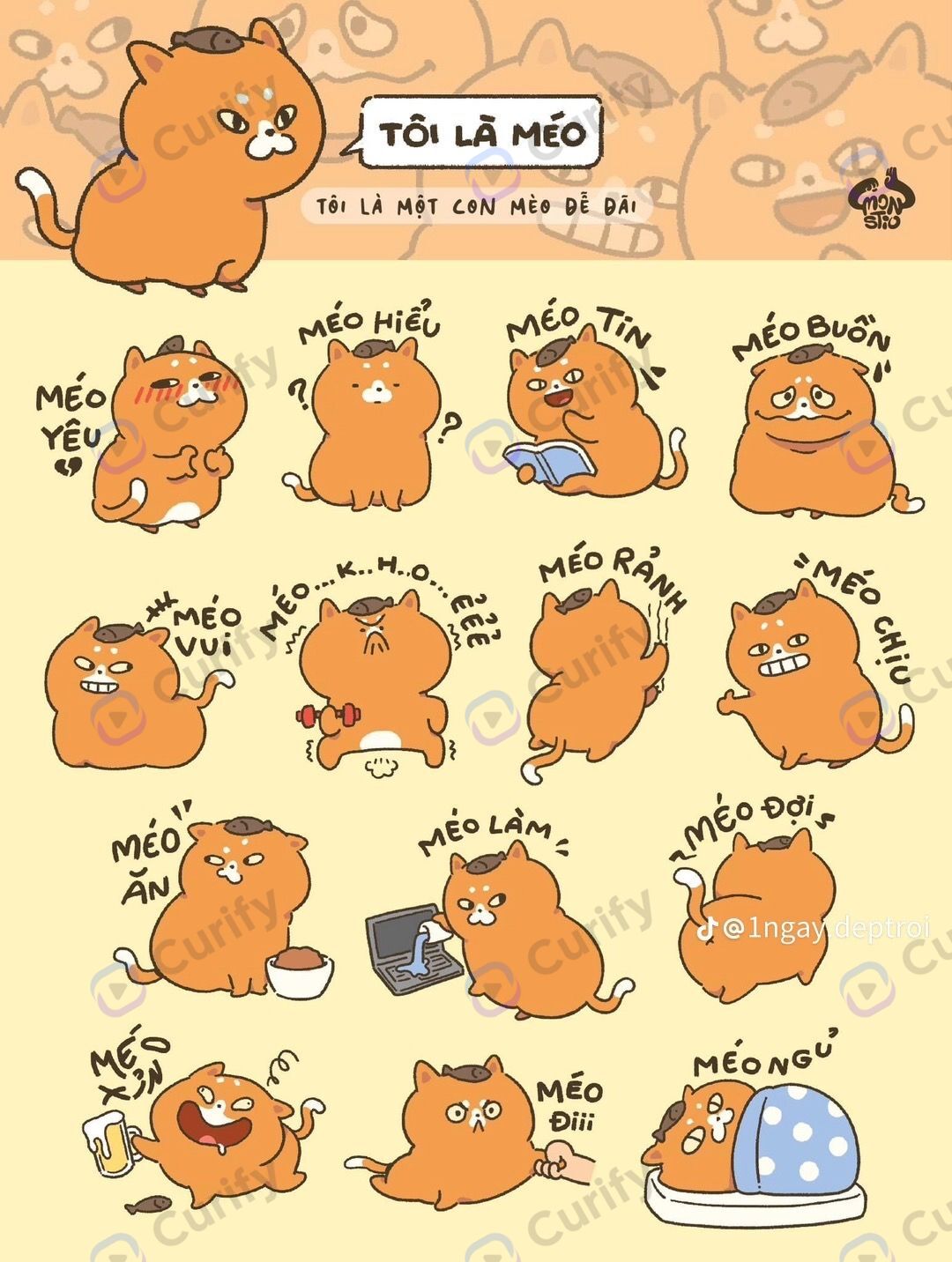 Vietnamese Orange Cat emoji sticker sheet — 9 expressions in unified Saigon street-style art direction, kiss-cut sheet layout with 5mm gutters between stickers
