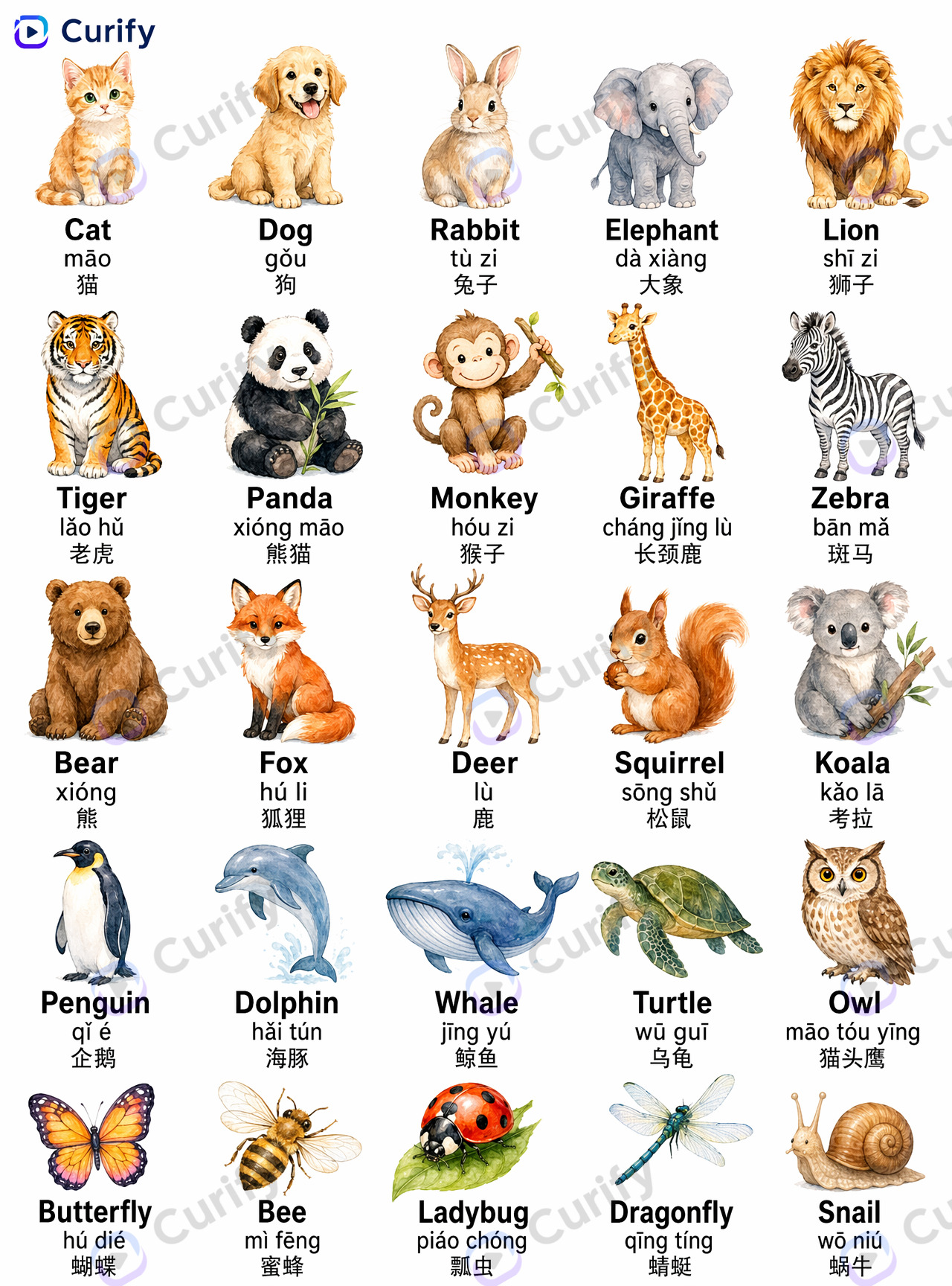 Multilingual vocabulary poster — animals theme with watercolor illustrations and pinyin labels
