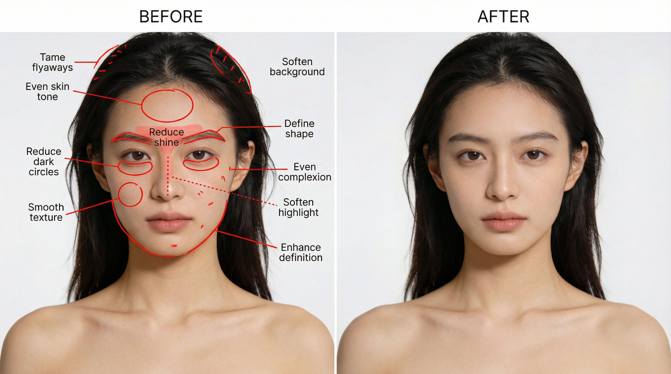 Portrait retouching blueprint — before-and-after professional headshot polish with skin texture preserved
