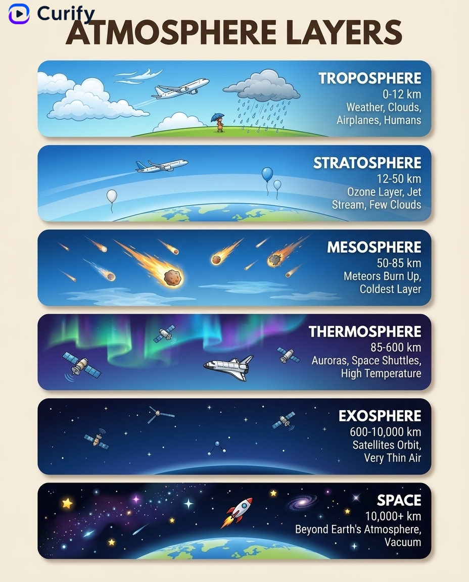 Science education infographic — atmosphere layers with labeled stratification