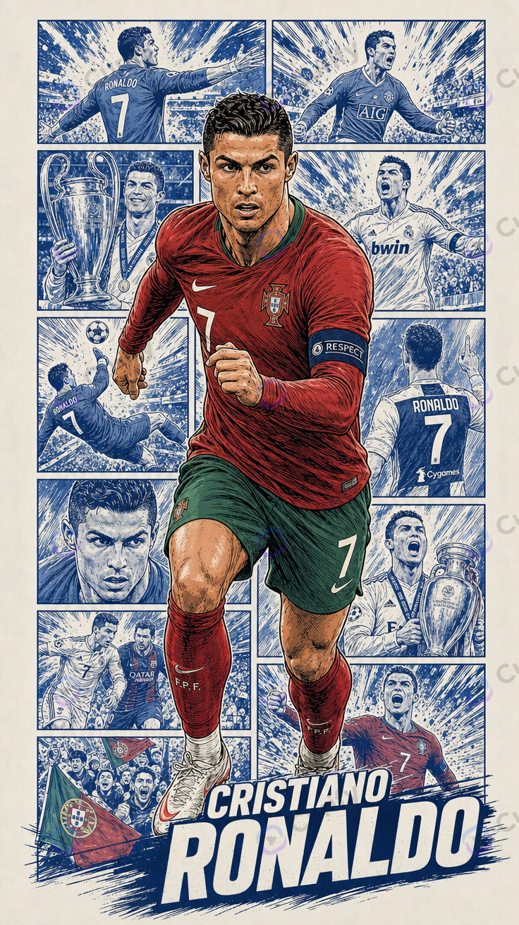 Cristiano Ronaldo in Portugal 2026 home kit with #7 jersey — comic retro-poster card with halftone treatment and gold accent
