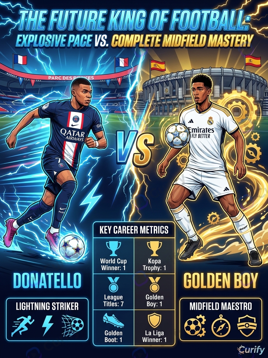 Mbappé vs Bellingham — Sports Battle template output, comic-book VS poster with both players in national-team kits, center VS graphic, stat panels, split-stadium background