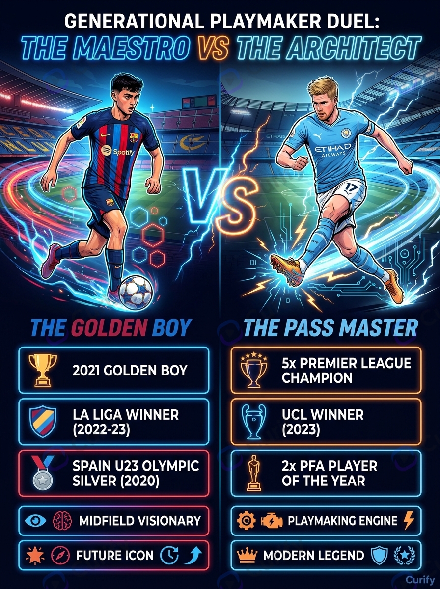 Pedri vs De Bruyne — Sports Battle template output, comic-book VS poster with both players in national-team kits, center VS graphic, stat panels, split-stadium background