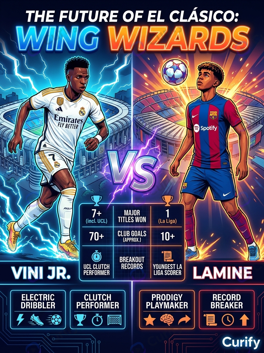 Vinícius vs Yamal — Sports Battle template output, comic-book VS poster with both players in national-team kits, center VS graphic, stat panels, split-stadium background