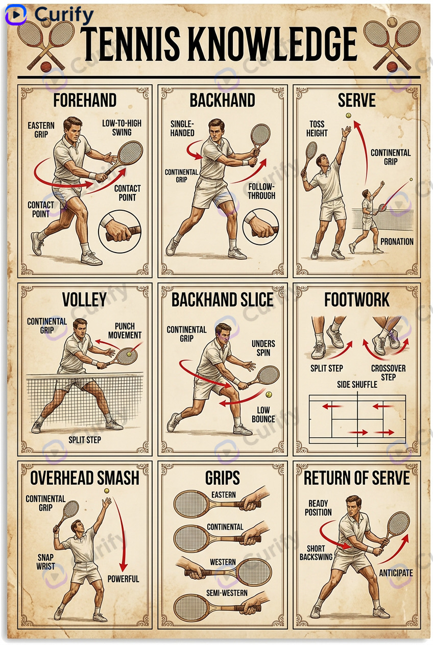 Tennis serve technique guide infographic — 4-phase breakdown with annotations