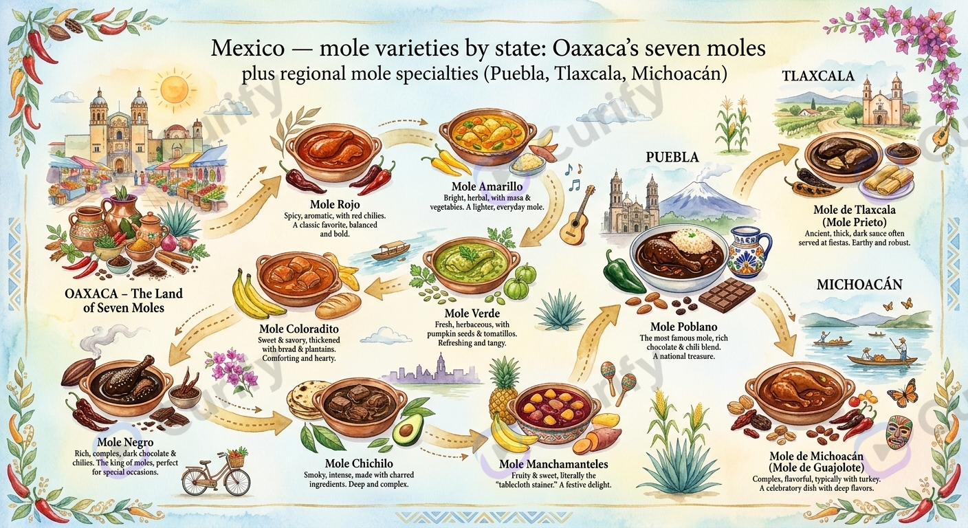 Mexico — mole varieties by state: Oaxaca's seven moles plus regional mole specialties (Puebla, Tlaxcala, Michoacán)