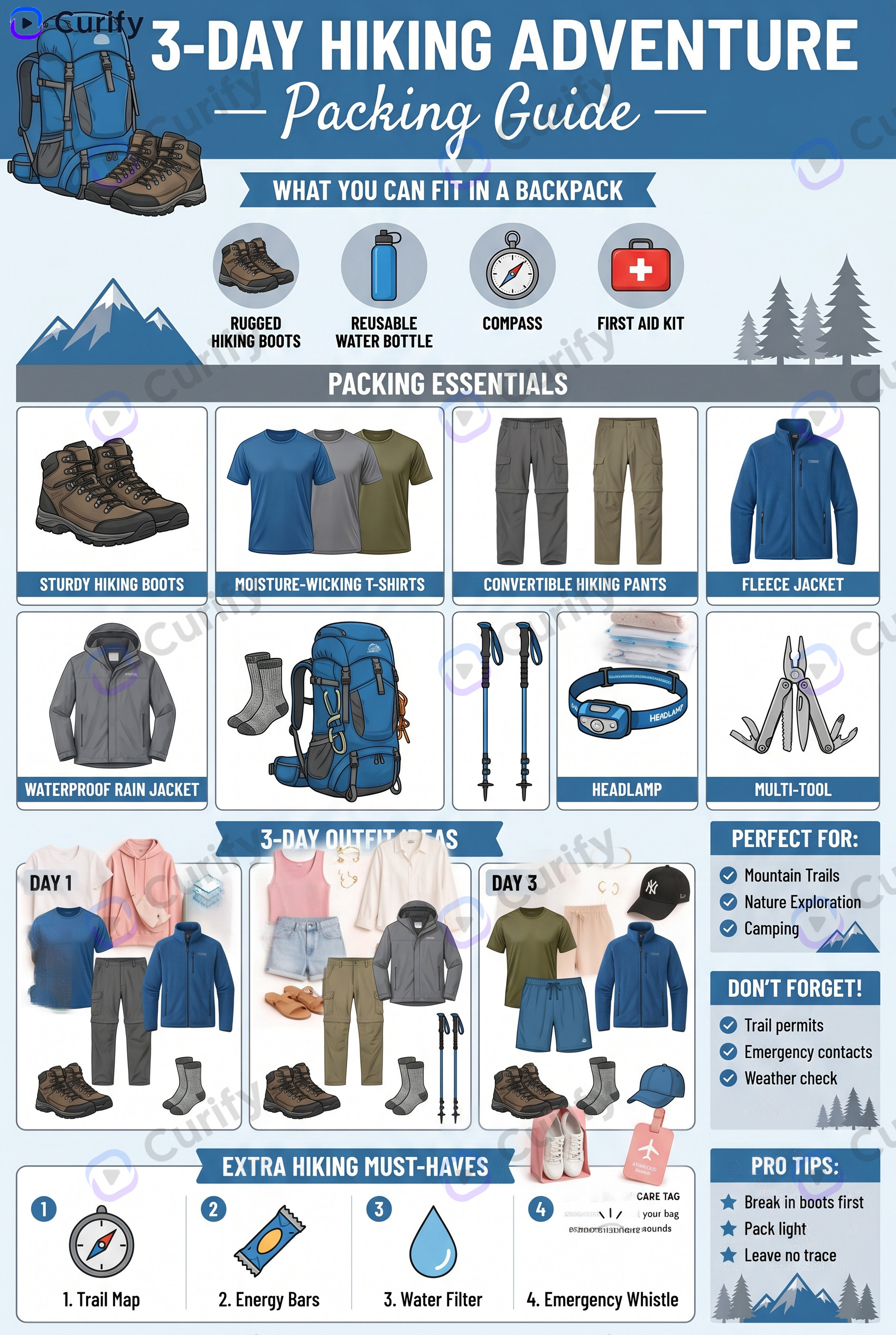 Packing guide infographic — 3-day hiking adventure sample, items grouped by category