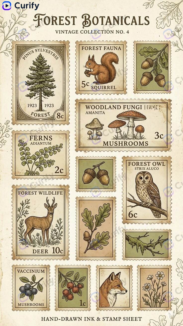Vintage stamp collection — forest-botanicals sample with stamp-perforation borders