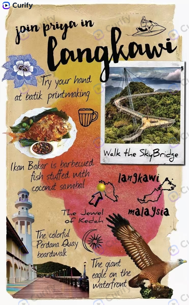 Vintage travel scrapbook poster — Langkawi sample with art-deco typography and hero destination scene