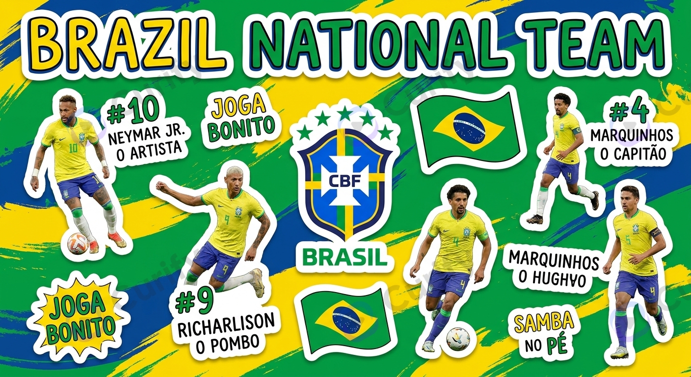 Brazil World Cup team sticker — yellow-and-green identity, mascot face icon, samba elements, kiss-cut sticker layout