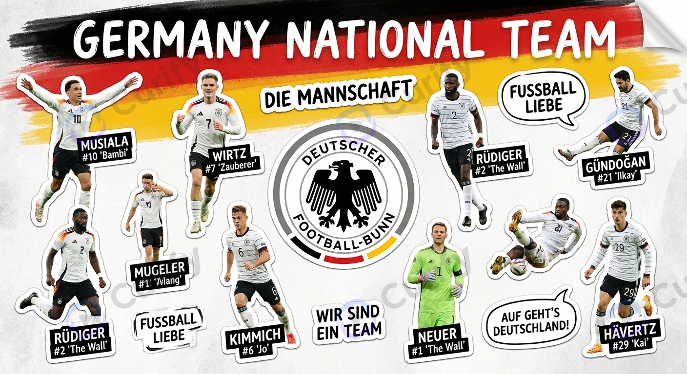 Germany World Cup team sticker — black-red-gold identity, eagle mascot, die-cut single sticker shape