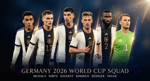 Germany 2026 World Cup squad — Jamal Musiala, Florian Wirtz, Kai Havertz, Joshua Kimmich, Antonio Rüdiger, Manuel Neuer