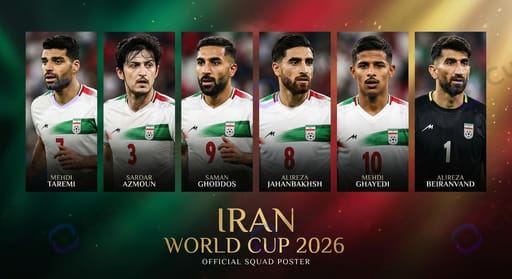 Iran 2026 World Cup squad — Mehdi Taremi, Sardar Azmoun, Saman Ghoddos, Alireza Jahanbakhsh, Mehdi Ghayedi, Alireza Beiranvand