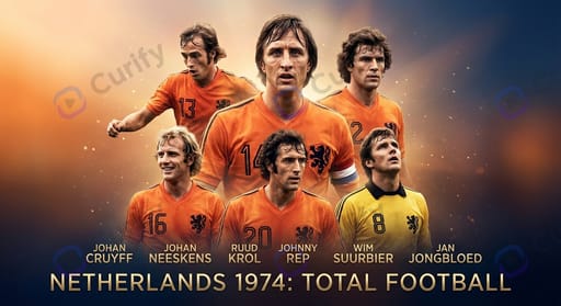Netherlands 1974 Total Football squad — Johan Cruyff, Johan Neeskens, Ruud Krol, Johnny Rep, Wim Suurbier, Jan Jongbloed