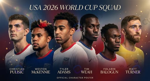 USA 2026 World Cup squad — Christian Pulisic, Weston McKennie, Tyler Adams, Tim Weah, Folarin Balogun, Matt Turner