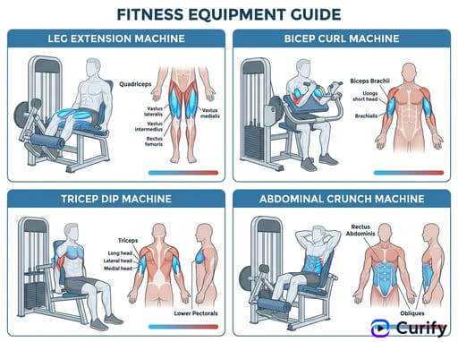 leg extension bicep curl tricep dip ab crunch