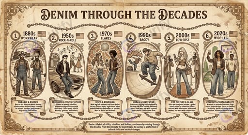 Denim through the decades — 1880s workwear / 1950s rock-n-roll / 1970s flares / 1990s baggy / 2000s low-rise / 2020s wide-leg